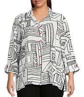 Ali Miles Plus Size Printed Woven Wire Collar 3/4 Sleeve Button-Front Blouse