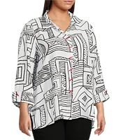 Ali Miles Plus Size Printed Woven Wire Collar 3/4 Sleeve Button-Front Blouse