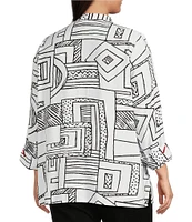 Ali Miles Plus Size Printed Woven Wire Collar 3/4 Sleeve Button-Front Blouse