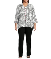 Ali Miles Plus Size Printed Woven Wire Collar 3/4 Sleeve Button-Front Blouse