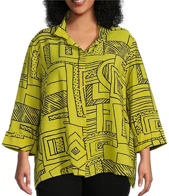 Ali Miles Plus Size Printed Woven Wire Collar 3/4 Sleeve Button-Front Blouse