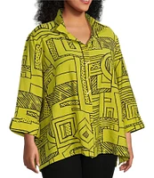 Ali Miles Plus Size Printed Woven Wire Collar 3/4 Sleeve Button-Front Blouse