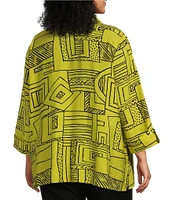 Ali Miles Plus Size Printed Woven Wire Collar 3/4 Sleeve Button-Front Blouse
