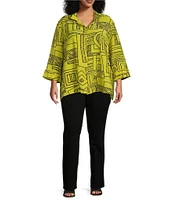 Ali Miles Plus Size Printed Woven Wire Collar 3/4 Sleeve Button-Front Blouse