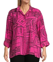Ali Miles Plus Size Printed Woven Wire Collar 3/4 Sleeve Button-Front Blouse