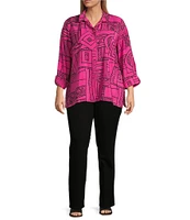 Ali Miles Plus Size Printed Woven Wire Collar 3/4 Sleeve Button-Front Blouse