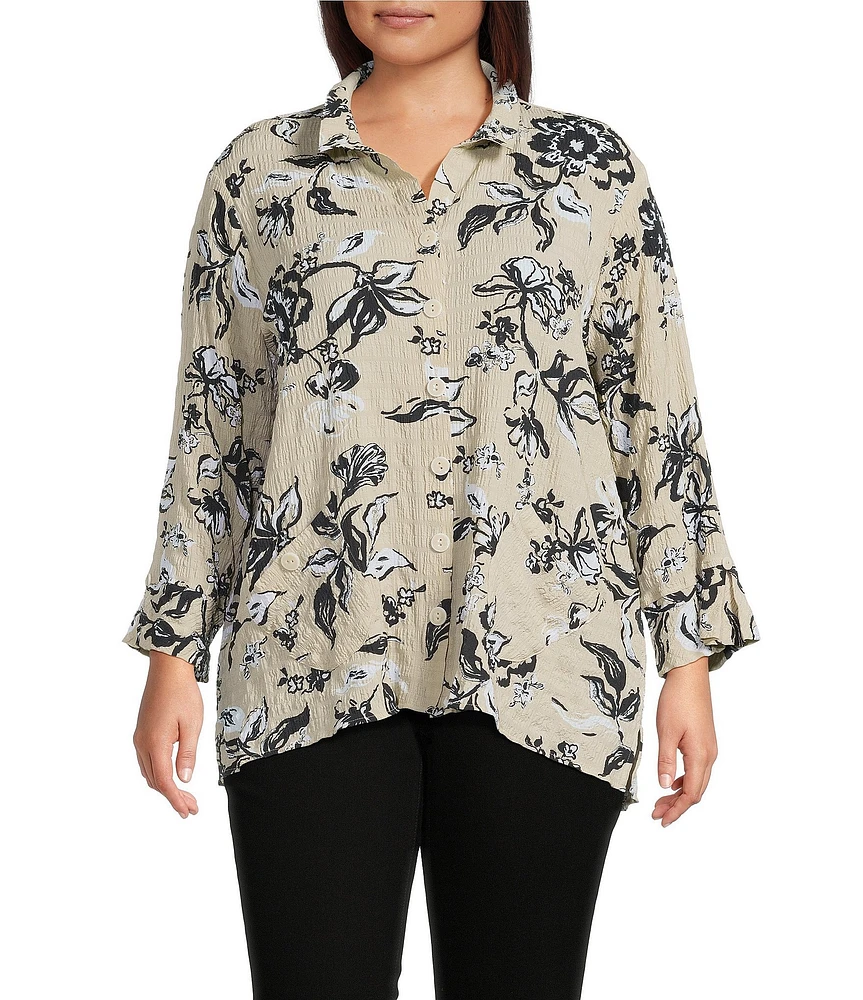 Ali Miles Plus Size Pucker Woven Printed Wire Collar 3/4 Sleeves Button Front Shirt
