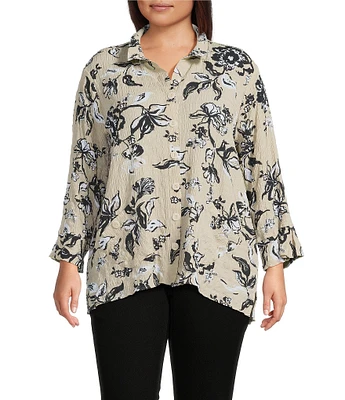 Ali Miles Plus Size Pucker Woven Printed Wire Collar 3/4 Sleeves Button Front Shirt