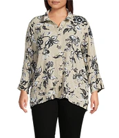 Ali Miles Plus Size Pucker Woven Printed Wire Collar 3/4 Sleeves Button Front Shirt