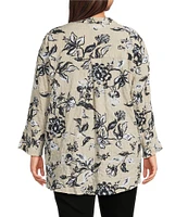 Ali Miles Plus Size Pucker Woven Printed Wire Collar 3/4 Sleeves Button Front Shirt