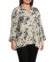 Ali Miles Plus Size Pucker Woven Printed Wire Collar 3/4 Sleeves Button Front Shirt