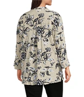 Ali Miles Plus Size Pucker Woven Printed Wire Collar 3/4 Sleeves Button Front Shirt