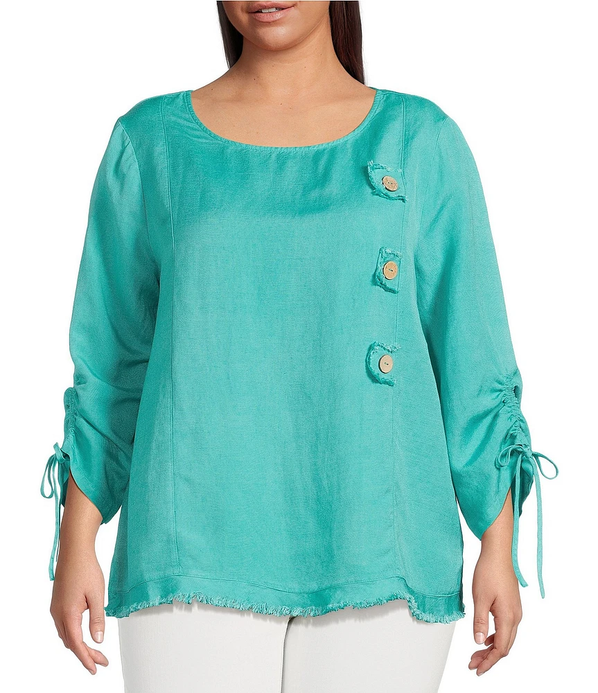 Ali Miles Plus Size Linen Blend Round Neck 3/4 Cinched Tie Sleeve Tunic