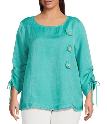 Ali Miles Plus Size Linen Blend Round Neck 3/4 Cinched Tie Sleeve Tunic