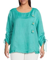 Ali Miles Plus Size Linen Blend Round Neck 3/4 Cinched Tie Sleeve Tunic