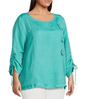 Ali Miles Plus Size Linen Blend Round Neck 3/4 Cinched Tie Sleeve Tunic