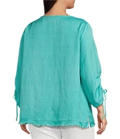 Ali Miles Plus Size Linen Blend Round Neck 3/4 Cinched Tie Sleeve Tunic