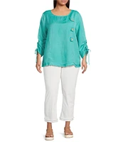 Ali Miles Plus Size Linen Blend Round Neck 3/4 Cinched Tie Sleeve Tunic