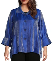 Ali Miles Plus Size Shimmer Collared 3/4 Wide Sleeve Button Up Jacket