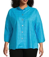 Ali Miles Plus Size Solid Allover Textured Square Pattern Soft Point Collar 3/4 Sleeve Button Front Tunic