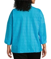 Ali Miles Plus Size Solid Allover Textured Square Pattern Soft Point Collar 3/4 Sleeve Button Front Tunic
