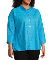 Ali Miles Plus Size Solid Allover Textured Square Pattern Soft Point Collar 3/4 Sleeve Button Front Tunic