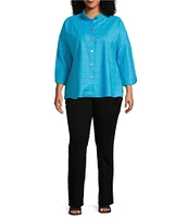 Ali Miles Plus Size Solid Allover Textured Square Pattern Soft Point Collar 3/4 Sleeve Button Front Tunic