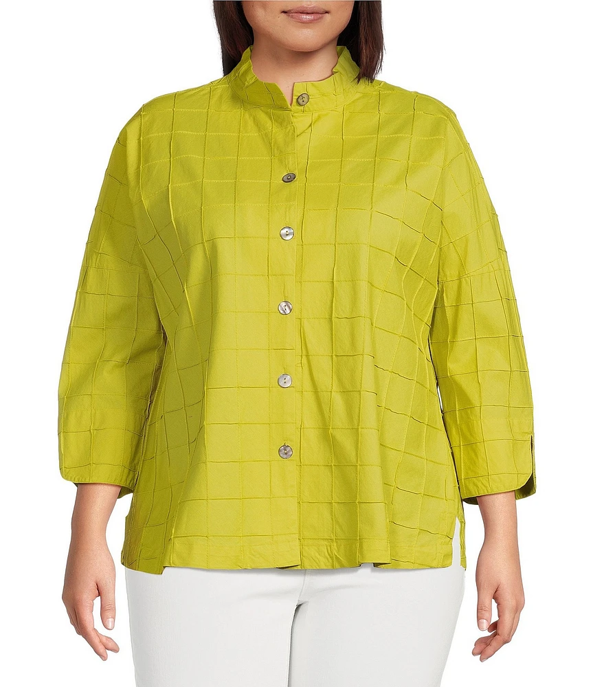 Ali Miles Plus Size Solid Allover Textured Square Pattern Soft Point Collar 3/4 Sleeve Button Front Tunic
