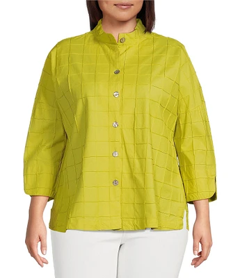Ali Miles Plus Size Solid Allover Textured Square Pattern Soft Point Collar 3/4 Sleeve Button Front Tunic