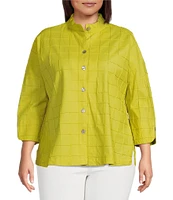 Ali Miles Plus Size Solid Allover Textured Square Pattern Soft Point Collar 3/4 Sleeve Button Front Tunic
