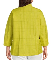 Ali Miles Plus Size Solid Allover Textured Square Pattern Soft Point Collar 3/4 Sleeve Button Front Tunic