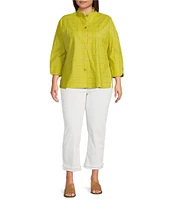 Ali Miles Plus Size Solid Allover Textured Square Pattern Soft Point Collar 3/4 Sleeve Button Front Tunic