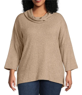 Ali Miles Plus Size Solid Pointelle Knit Cowl Neck 3/4 Dolman Sleeve Tunic