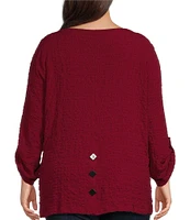 Ali Miles Plus Size Solid Puckered Woven Crew Neck Roll-Tab Sleeve Button Accent Detail Tunic