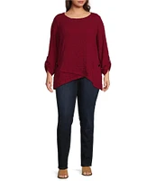 Ali Miles Plus Size Solid Puckered Woven Crew Neck Roll-Tab Sleeve Button Accent Detail Tunic