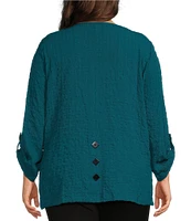 Ali Miles Plus Size Solid Puckered Woven Crew Neck Roll-Tab Sleeve Button Accent Detail Tunic