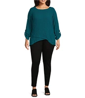 Ali Miles Plus Size Solid Puckered Woven Crew Neck Roll-Tab Sleeve Button Accent Detail Tunic