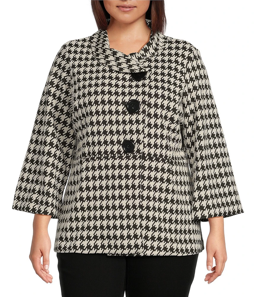 Ali Miles Plus Size Stretch Jacquard Houndstooth Collared 3/4 Sleeve Button Up Jacket