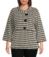 Ali Miles Plus Size Stretch Jacquard Houndstooth Collared 3/4 Sleeve Button Up Jacket