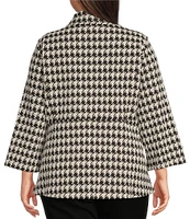 Ali Miles Plus Size Stretch Jacquard Houndstooth Collared 3/4 Sleeve Button Up Jacket