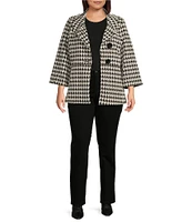 Ali Miles Plus Size Stretch Jacquard Houndstooth Collared 3/4 Sleeve Button Up Jacket