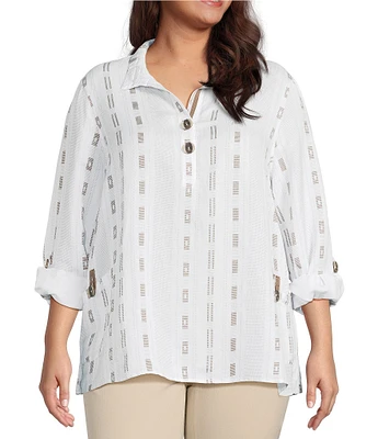 Ali Miles Plus Size Stripe Dotted Geometric Wire Collar 3/4 Roll-Tab Sleeve Tunic