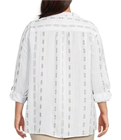 Ali Miles Plus Size Stripe Dotted Geometric Wire Collar 3/4 Roll-Tab Sleeve Tunic