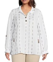 Ali Miles Plus Size Stripe Dotted Geometric Wire Collar 3/4 Roll-Tab Sleeve Tunic