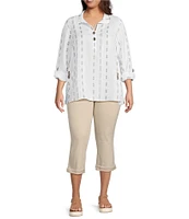 Ali Miles Plus Size Stripe Dotted Geometric Wire Collar 3/4 Roll-Tab Sleeve Tunic