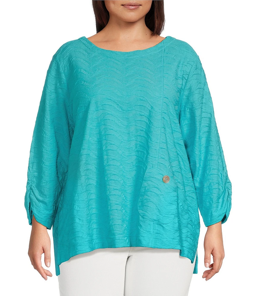 Ali Miles Plus Size Textured Knit Round Neck 3/4 Sleeve Hi-Low Hem Top
