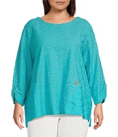 Ali Miles Plus Size Textured Knit Round Neck 3/4 Sleeve Hi-Low Hem Top