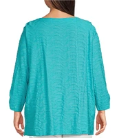 Ali Miles Plus Size Textured Knit Round Neck 3/4 Sleeve Hi-Low Hem Top