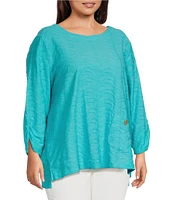 Ali Miles Plus Size Textured Knit Round Neck 3/4 Sleeve Hi-Low Hem Top