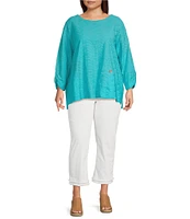 Ali Miles Plus Size Textured Knit Round Neck 3/4 Sleeve Hi-Low Hem Top
